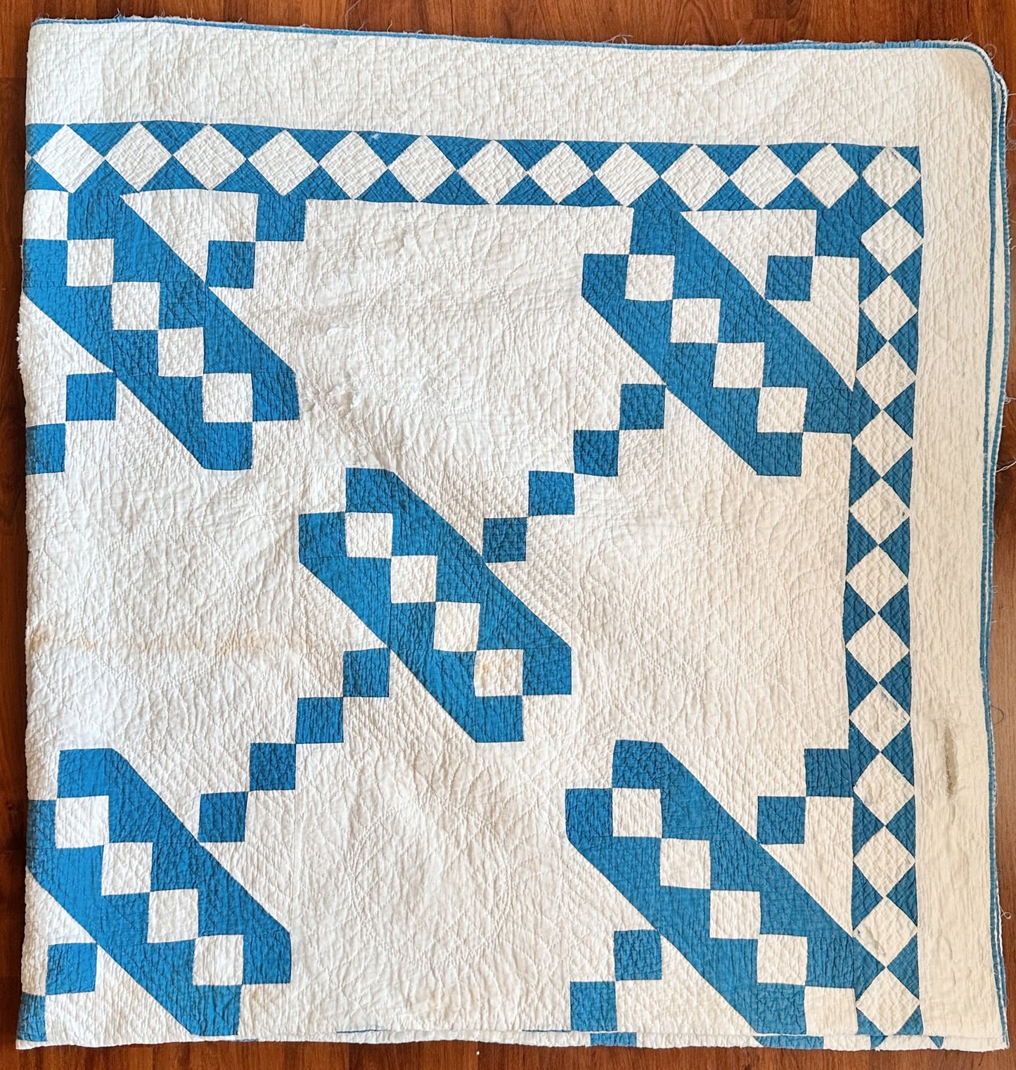 Antique Blue & White Roman Stripe Quilt, Hand Pieced & Hand Quilted