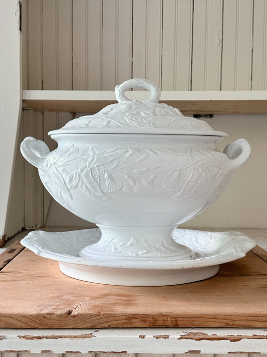 Large 1860s Antique Elsmore & Forster Three Piece Ironstone Tureen, Morning Glory Pattern