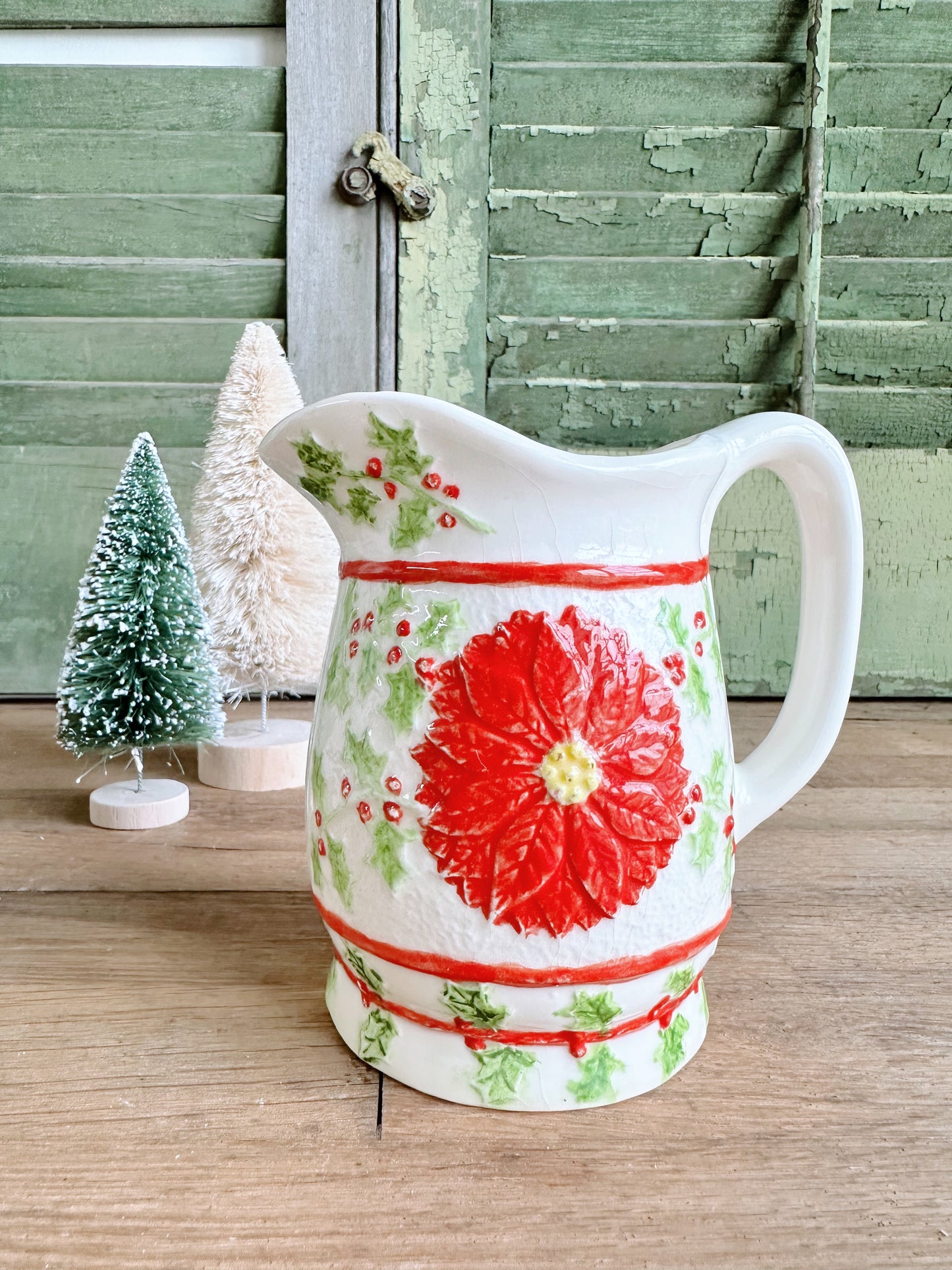 Darling Vintage Poinsettia & Holly Pitcher