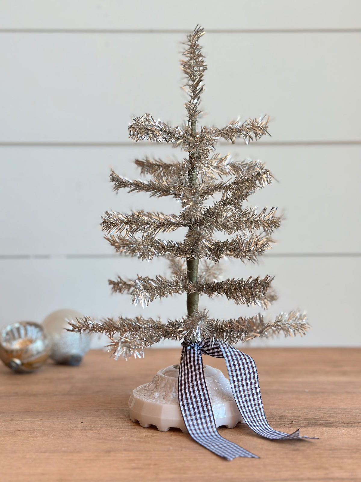 Vintage Pink Glass Lamp Base Tinsel Tree