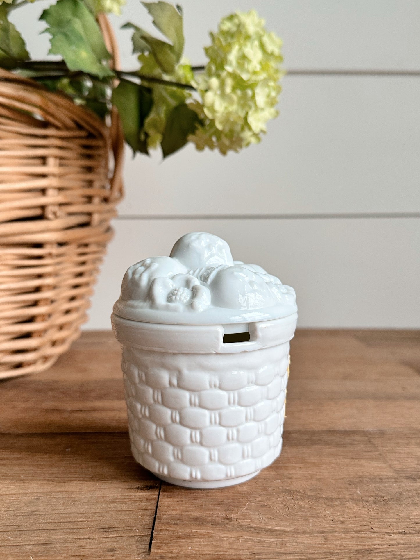 Hand Poured Peach Marmalade in a Vintage Milkglass Sugar Pot