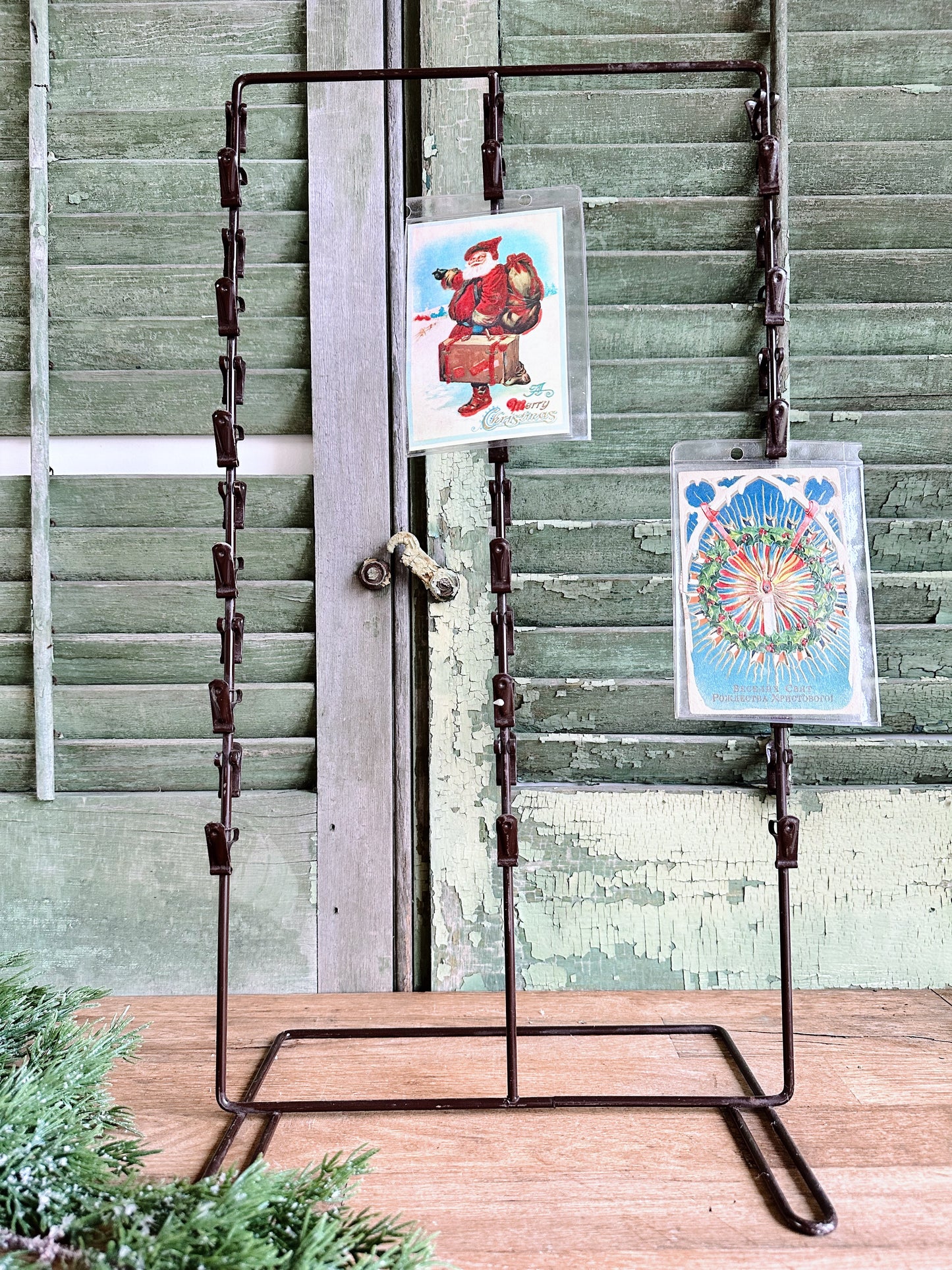 Vintage Chip Holder/Christmas Card Holder with Two Vintage Postcards