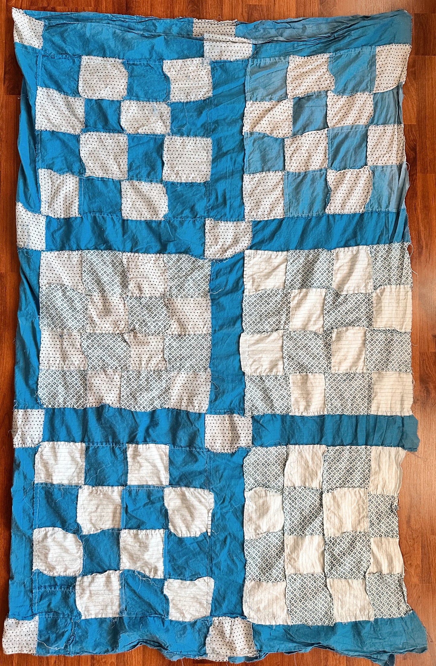 Vintage Hand Pieced Blue & White Cotton Checkerboard Quilt Top