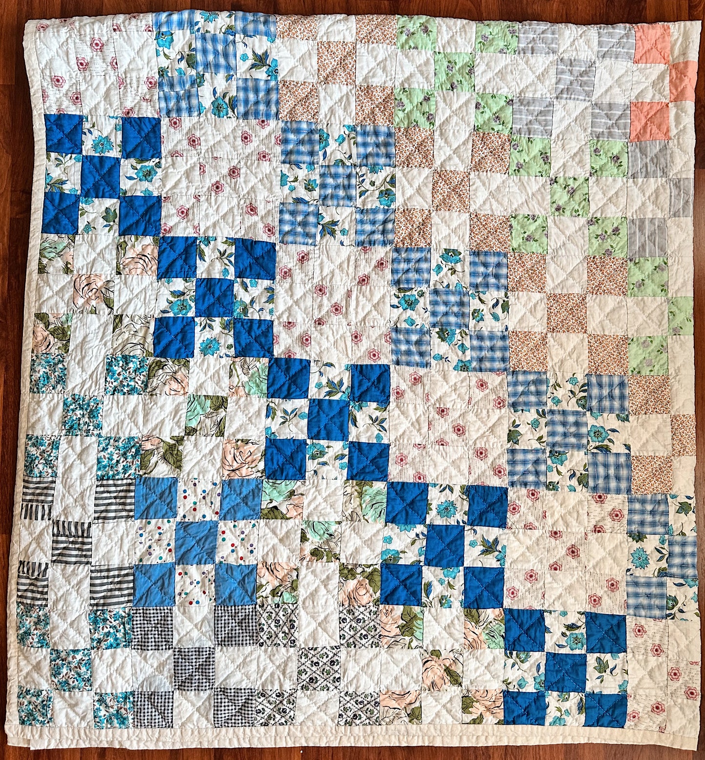 Hand Stitched Patchwork Quilt, Trip Around the World Variation