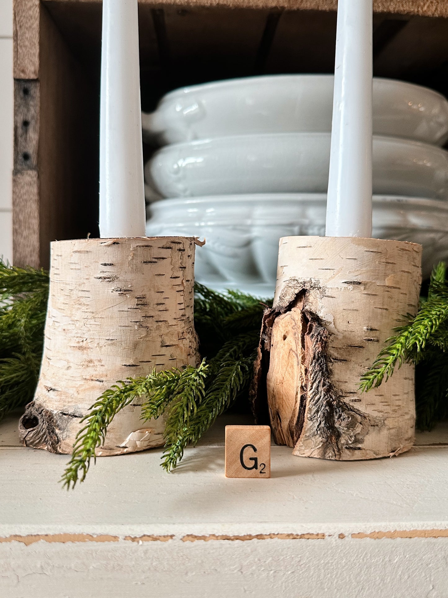 Pair of Handmade Birch Limb Candle Holders