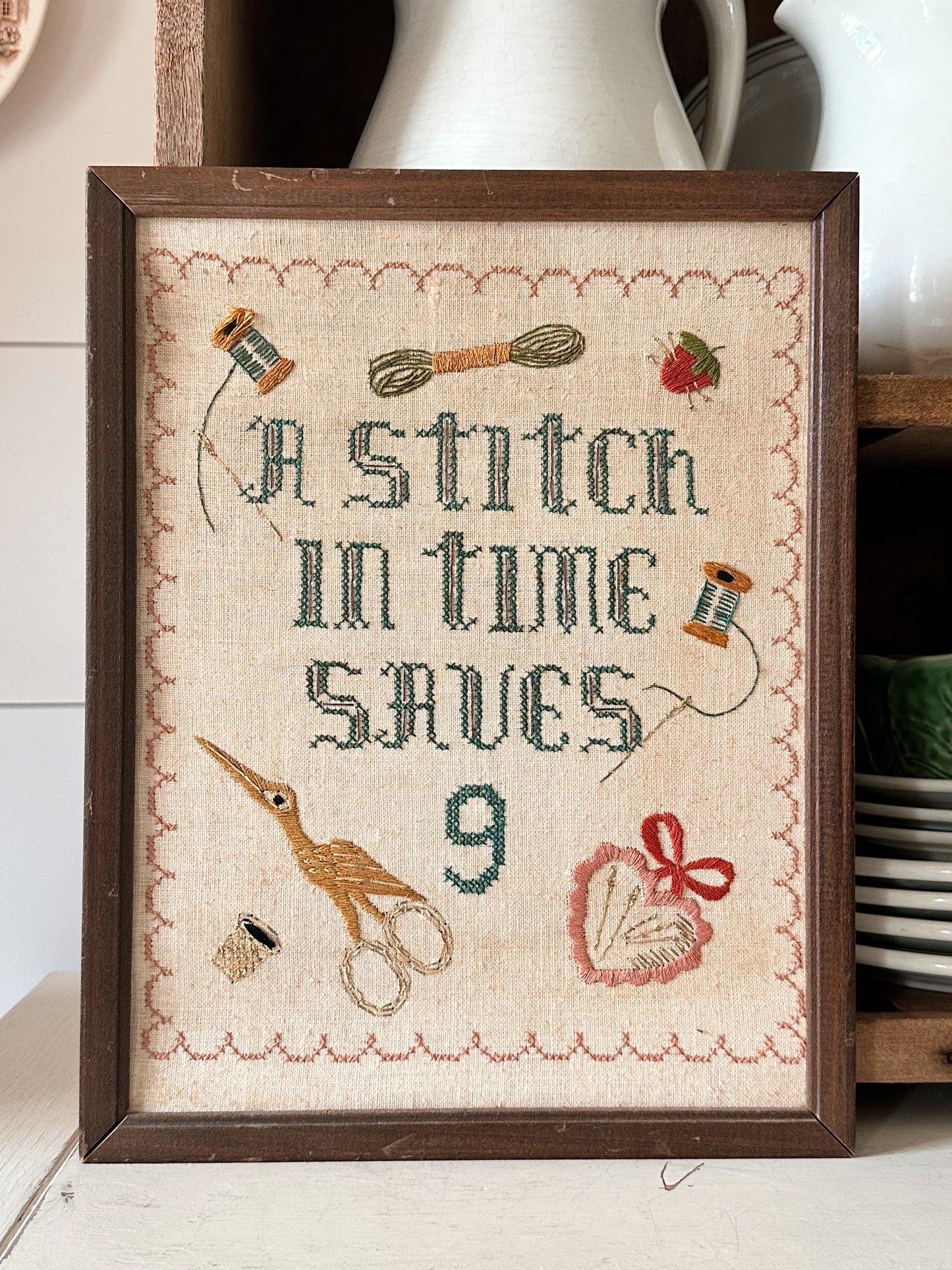Vintage Cross Stitch and Embroidery Wall Hanging - A Stitch in Time Saves 9