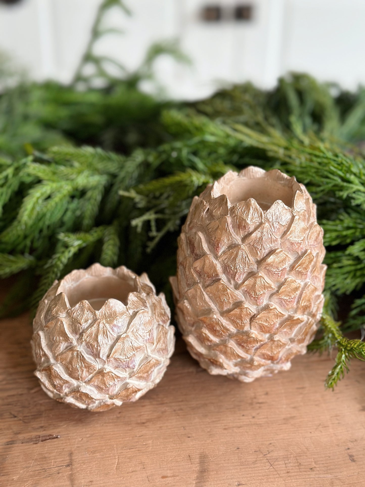 Set of Two Chunky Pinecone Tea Light Holders (golden wash)