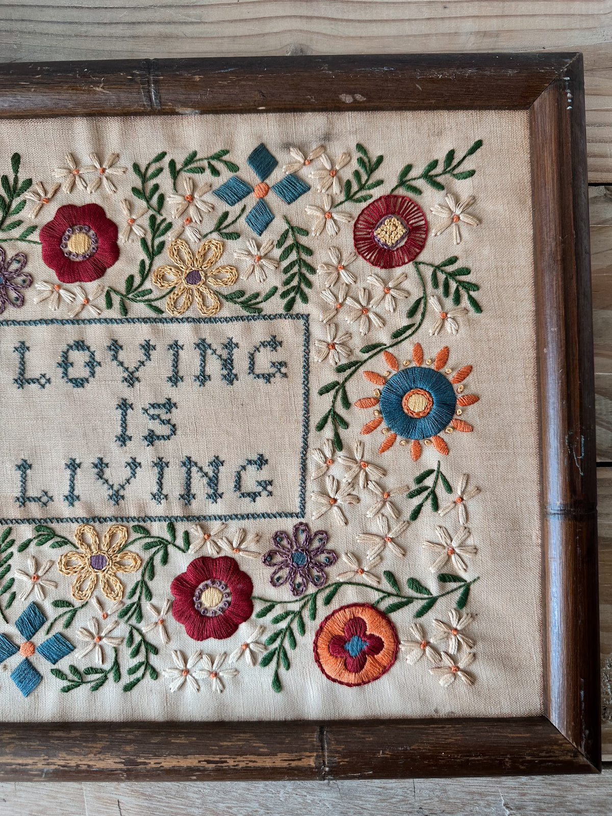 Vintage Love Is Living Embroidered Wall Hanging