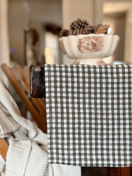 Linen Olive Gingham Table Runner