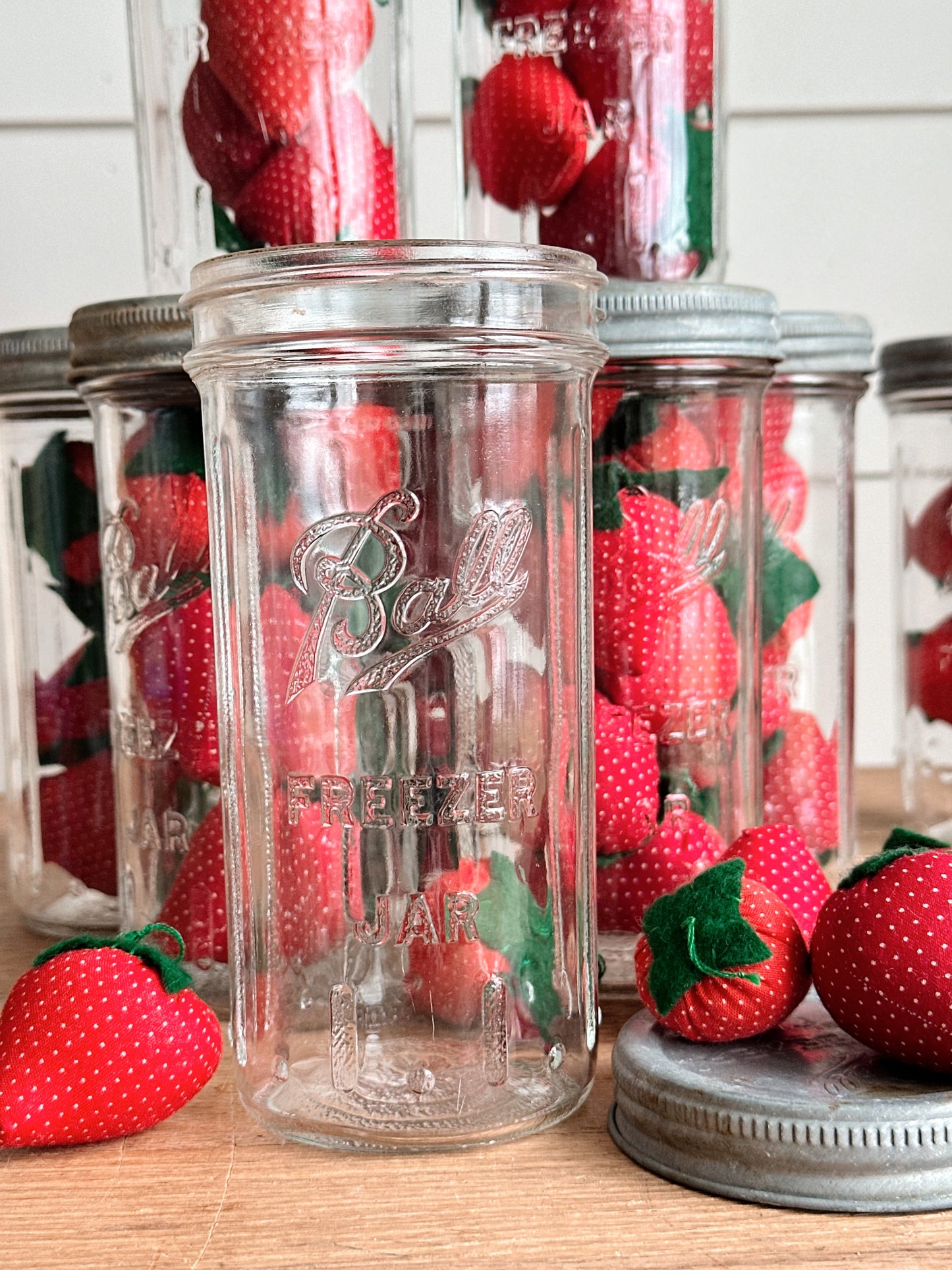 Vintage Freezer Ball Mason Jar with Handmade Strawberries