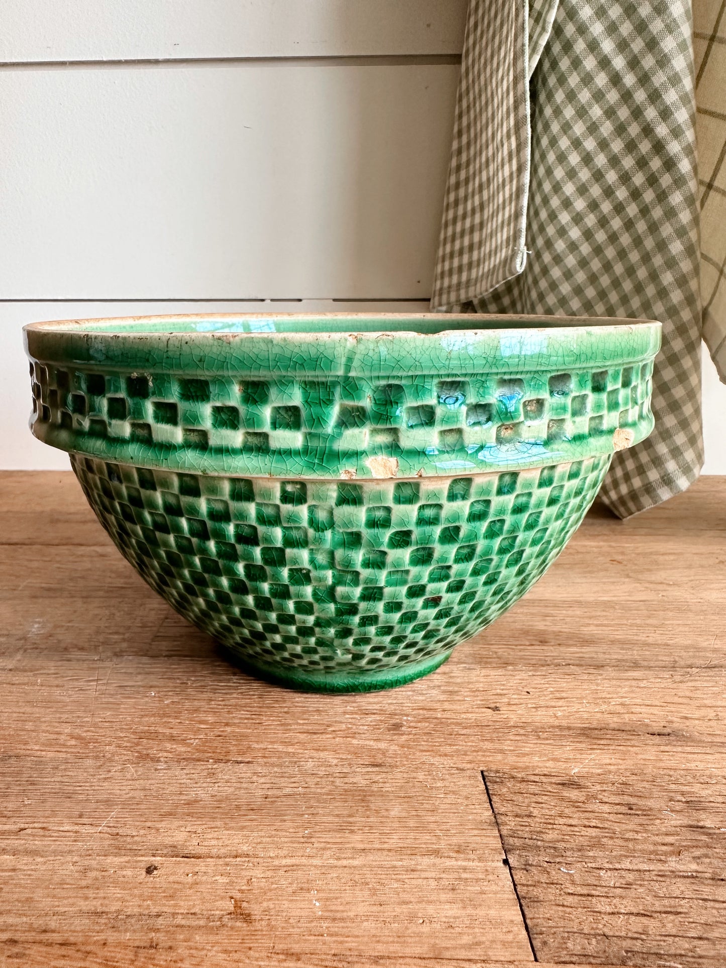 Vintage Green Checkerboard Stoneware Bowl