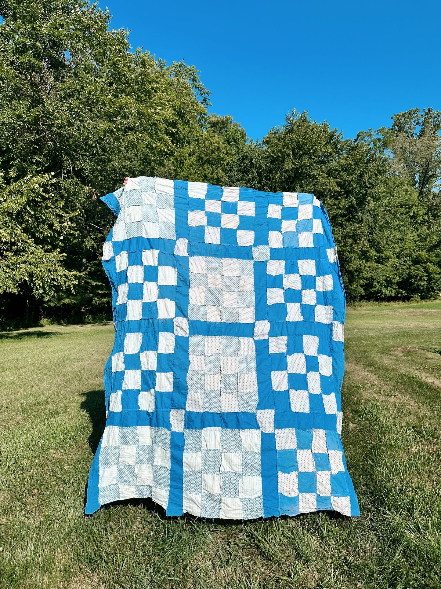 Vintage Hand Pieced Blue & White Cotton Checkerboard Quilt Top