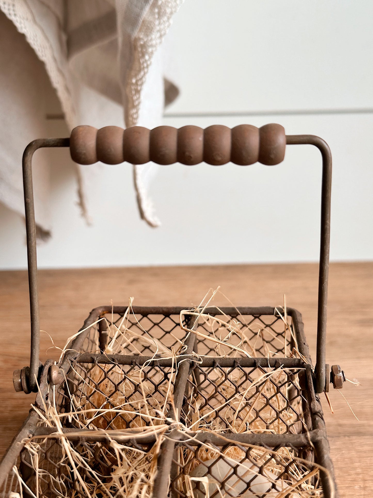 Vintage Metal Wire Carrier & Faux Eggs