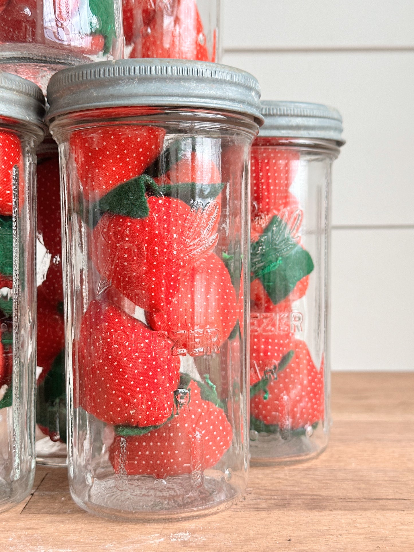 Vintage Freezer Ball Mason Jar with Handmade Strawberries