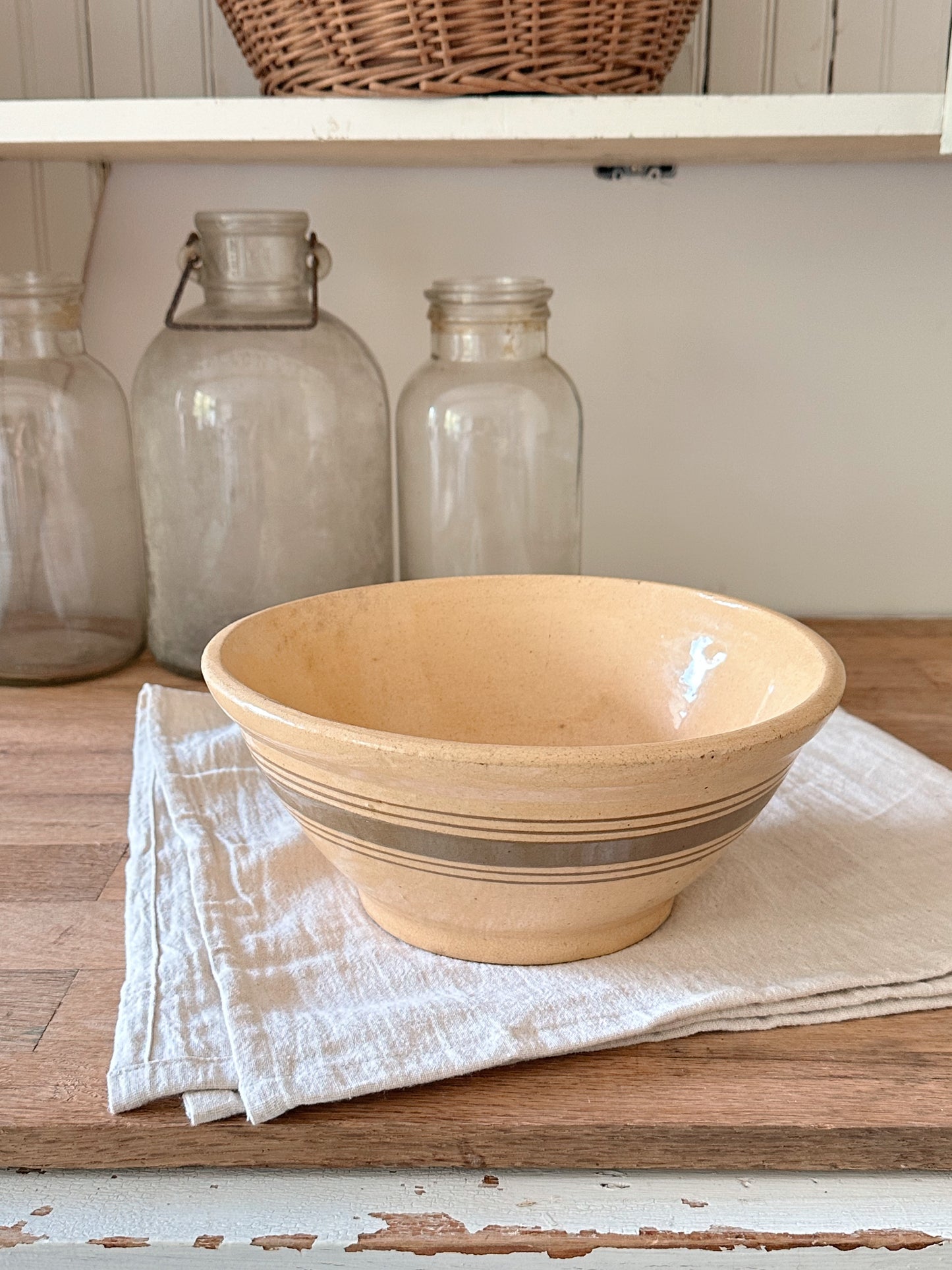 Vintage Yellow Ware Bowl with Brown Stripe