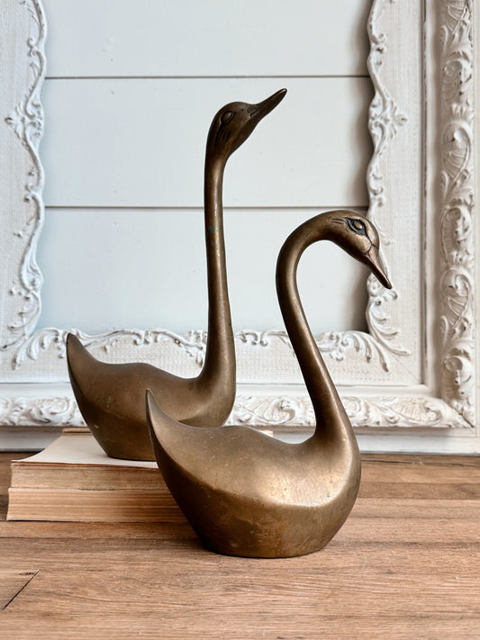 Pair of Vintage Brass Swans