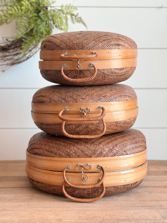 Set of Three Vintage Nesting Rattan & Bamboo Baskets