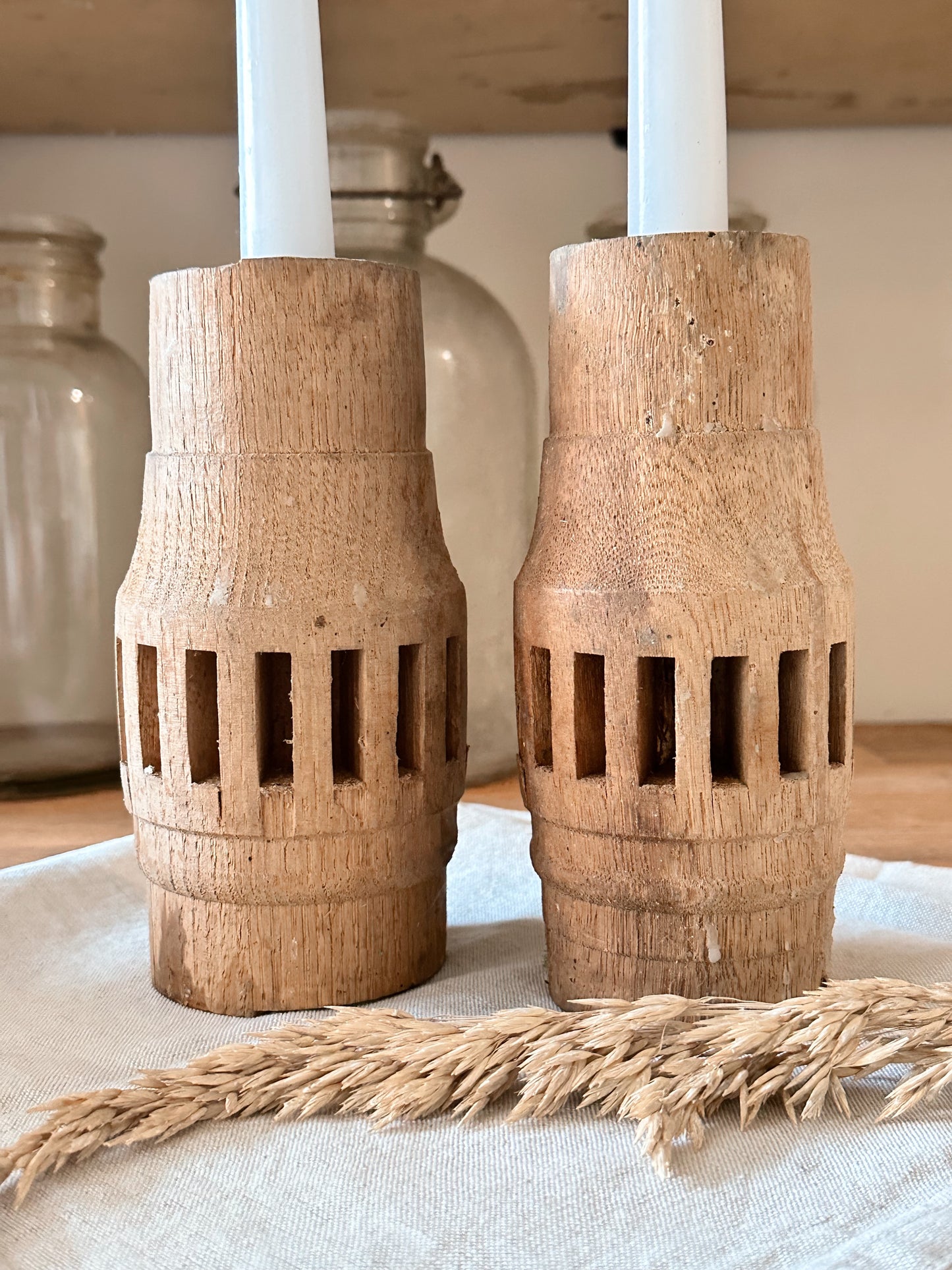 Found Salvaged Wood Wheel Cog Candle Holders