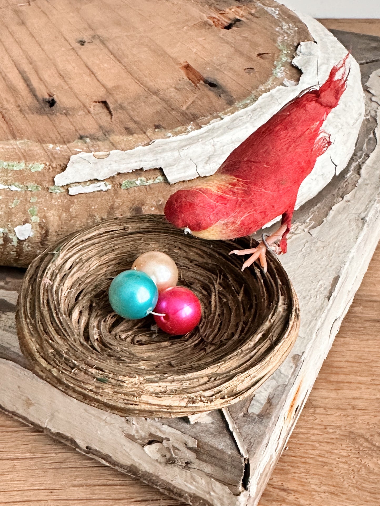 Rare Antique Spun Cotton Bird on a Nest Ornament