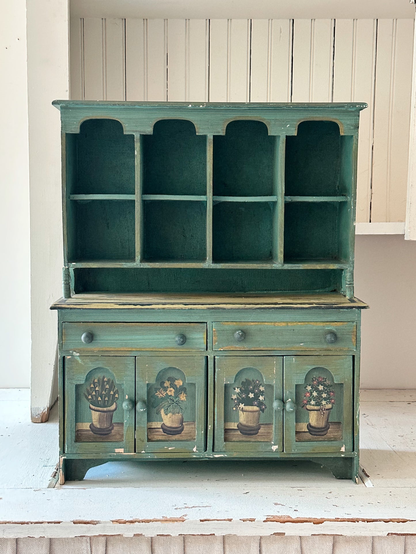 Vintage Tabletop Size Folk Art Painted Hutch