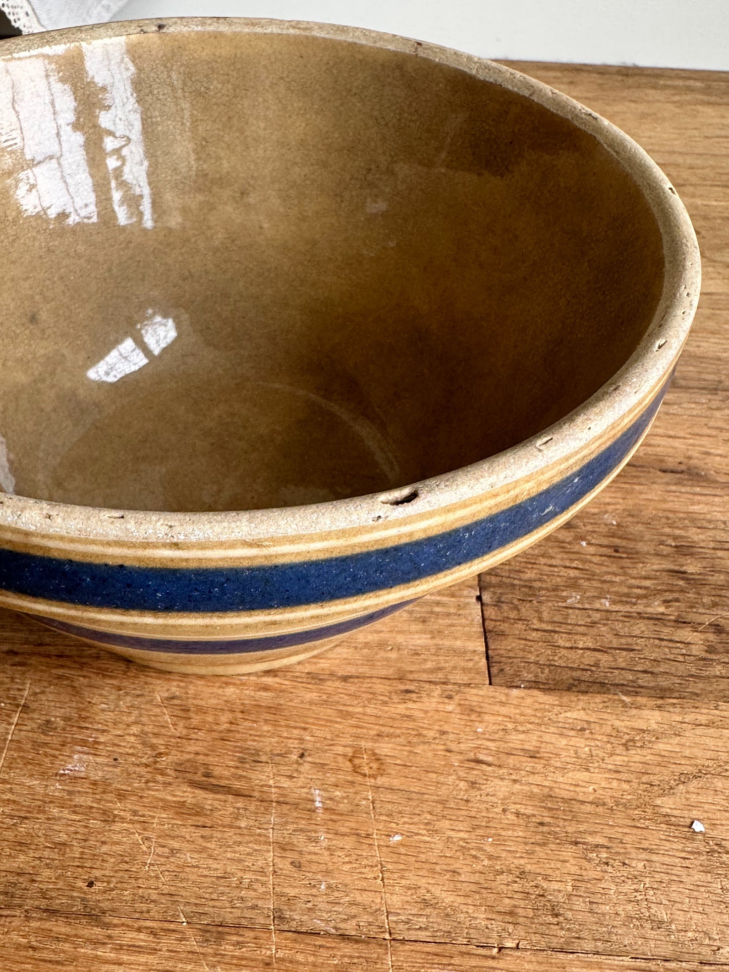 Beautifully Stained Yellow Ware Stoneware Bowl with Blue Stripes