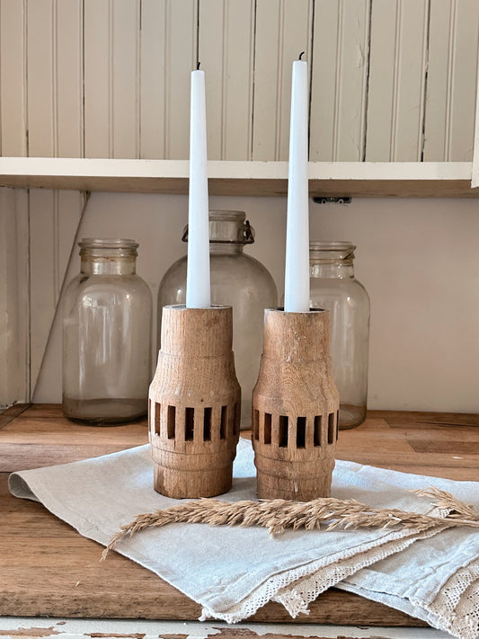 Found Salvaged Wood Wheel Cog Candle Holders