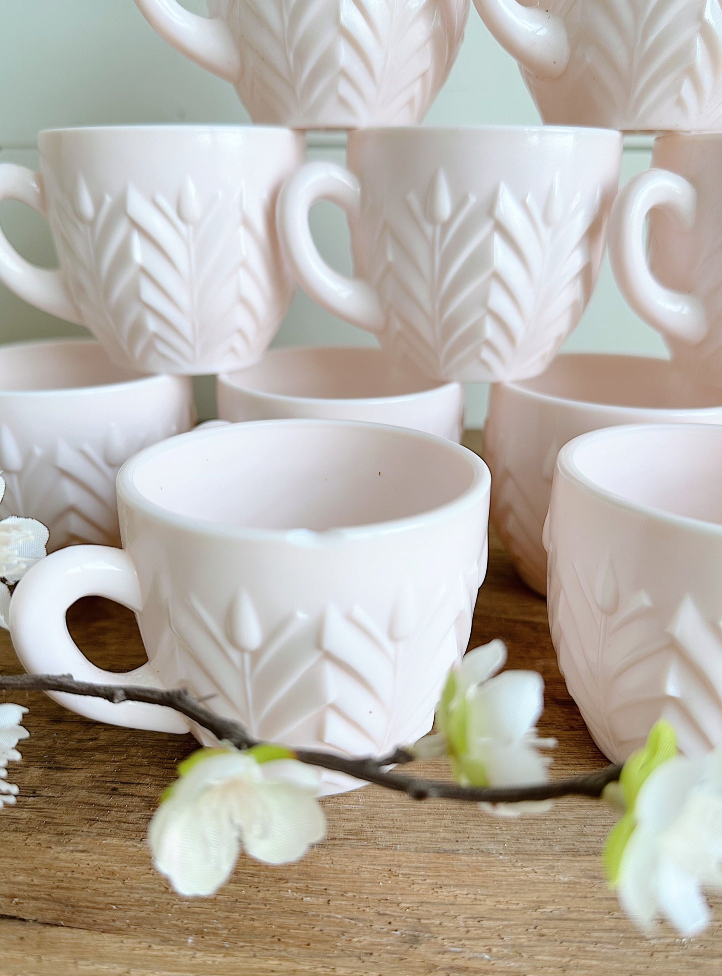 Set of 12 Vintage Jeannette Shell Pink Milk Glass Feather Cups