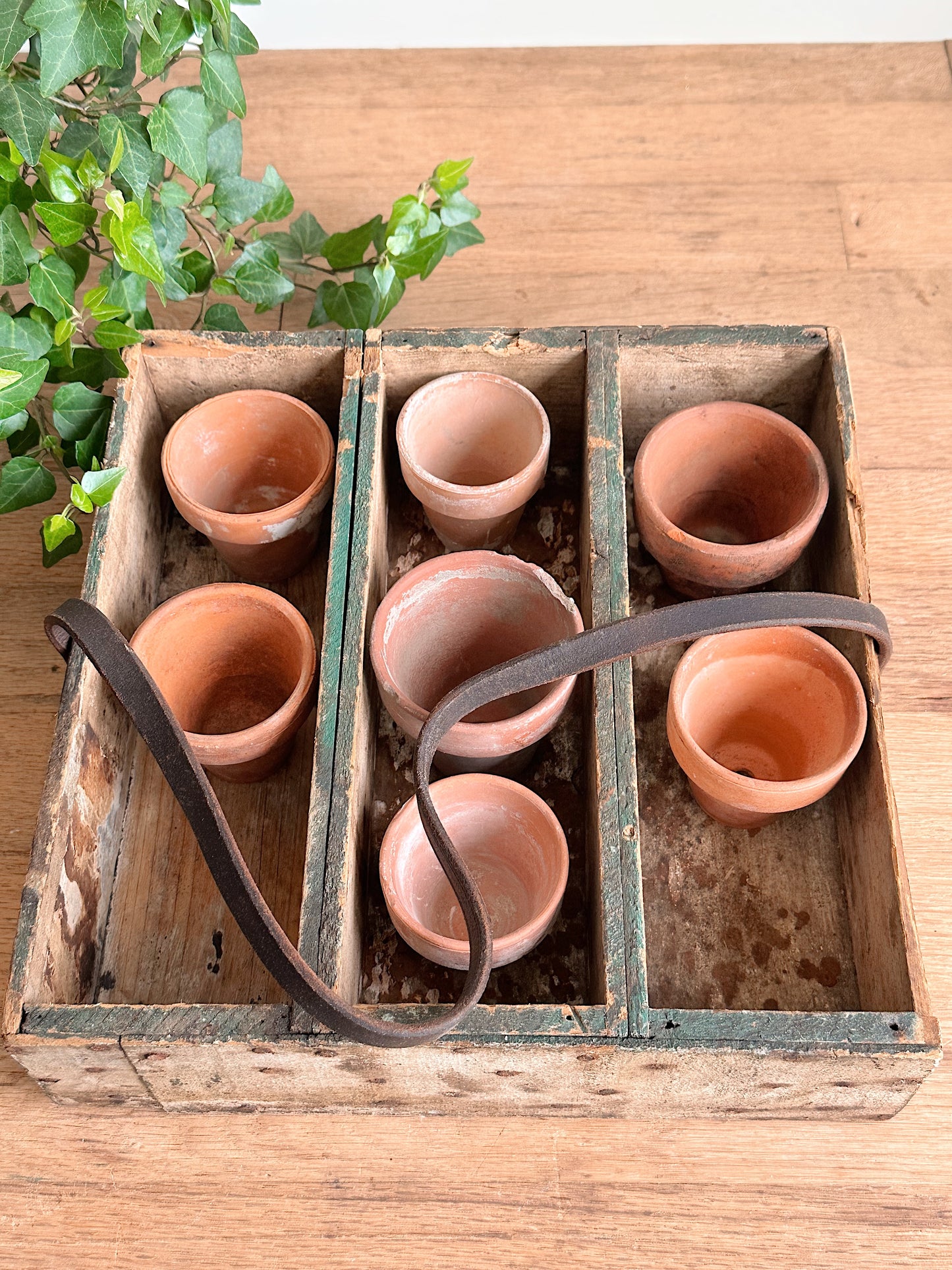 Vintage Handmade Wood Caddy & Pots