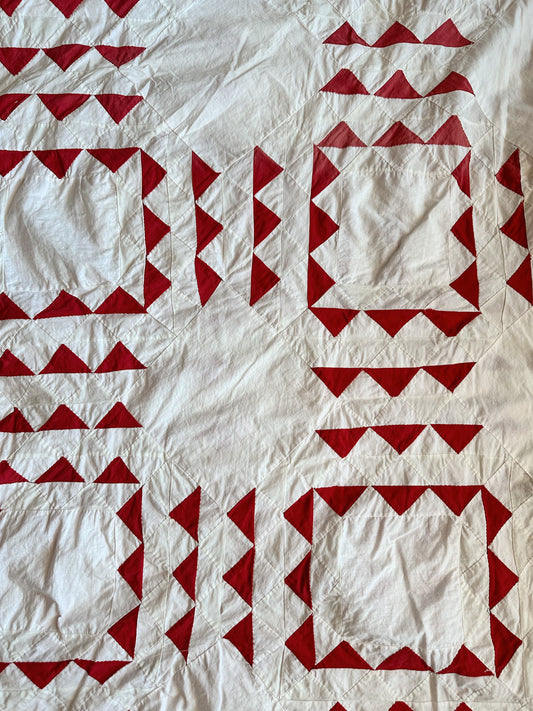 Antique Hand Pieced Turkey Red & White Sawtooth Quilt Top