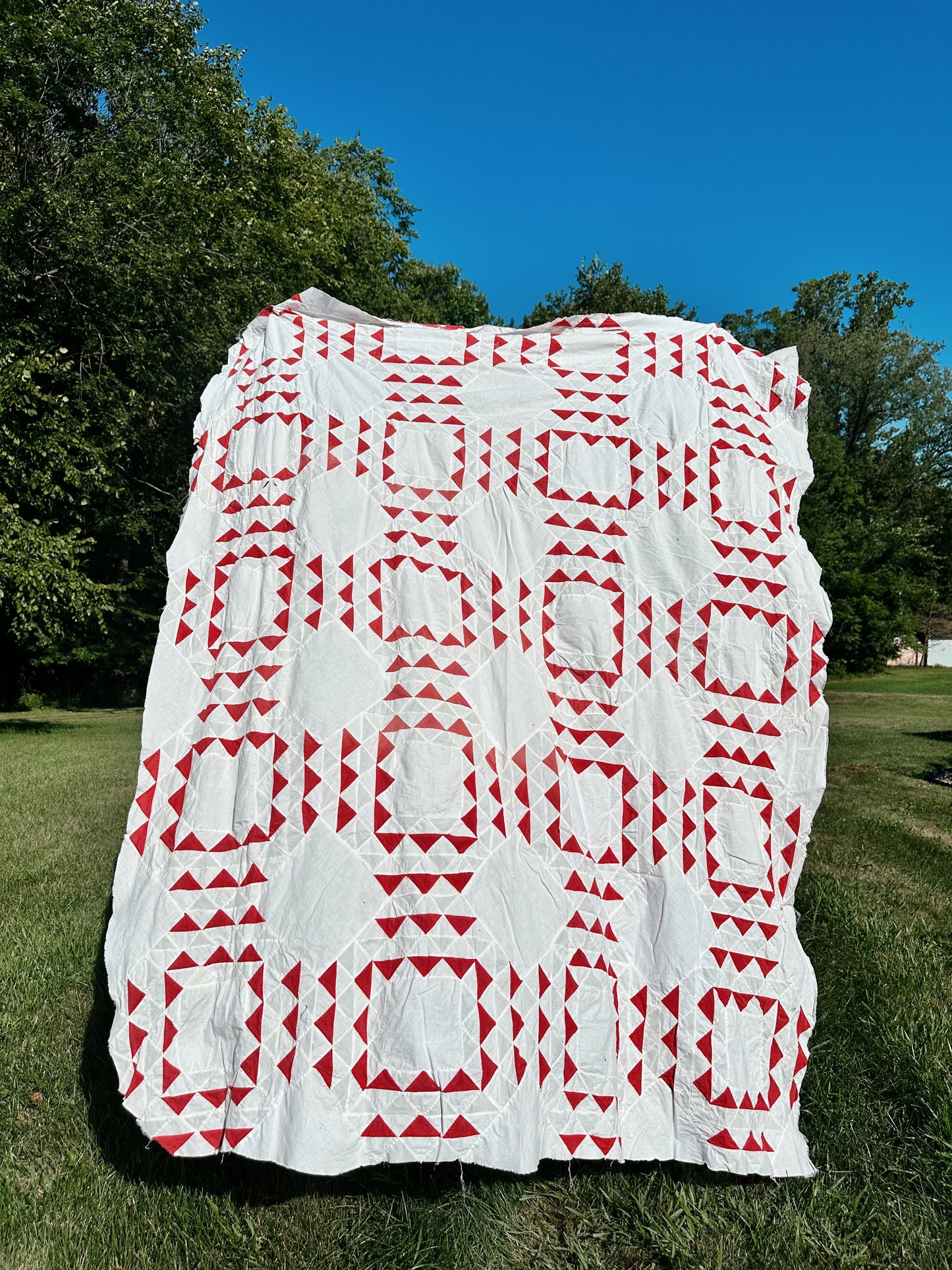 Antique Hand Pieced Turkey Red & White Sawtooth Quilt Top