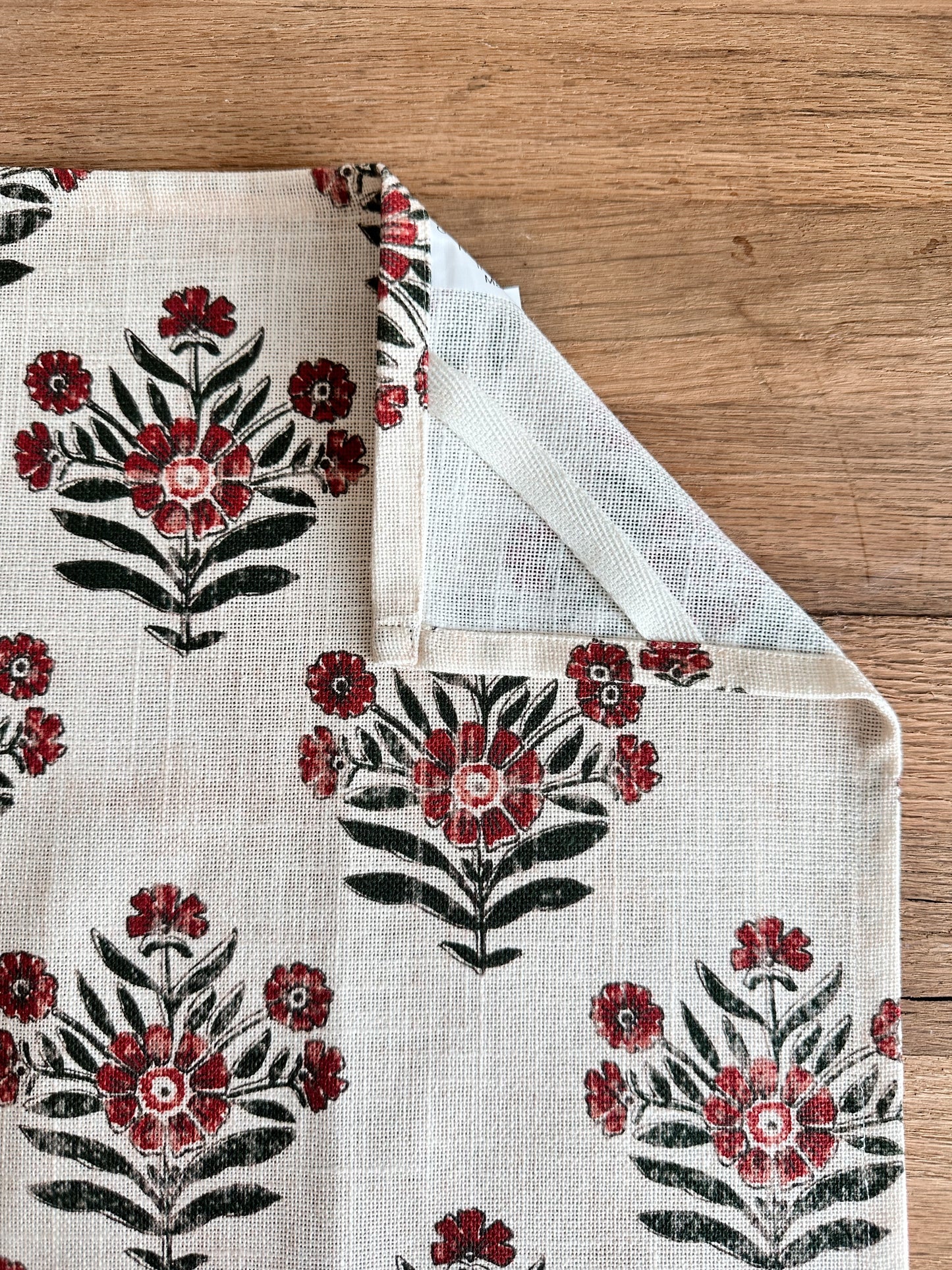 Set of Three Block Print & Gingham Tea Towels (green & red)