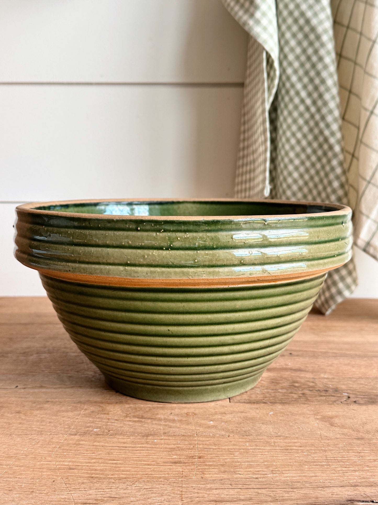 Vintage Green Ribbed Stoneware Mixing Bowl