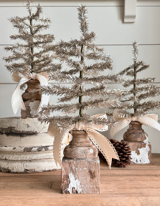 Salvaged Wood Base Tinsel Tree