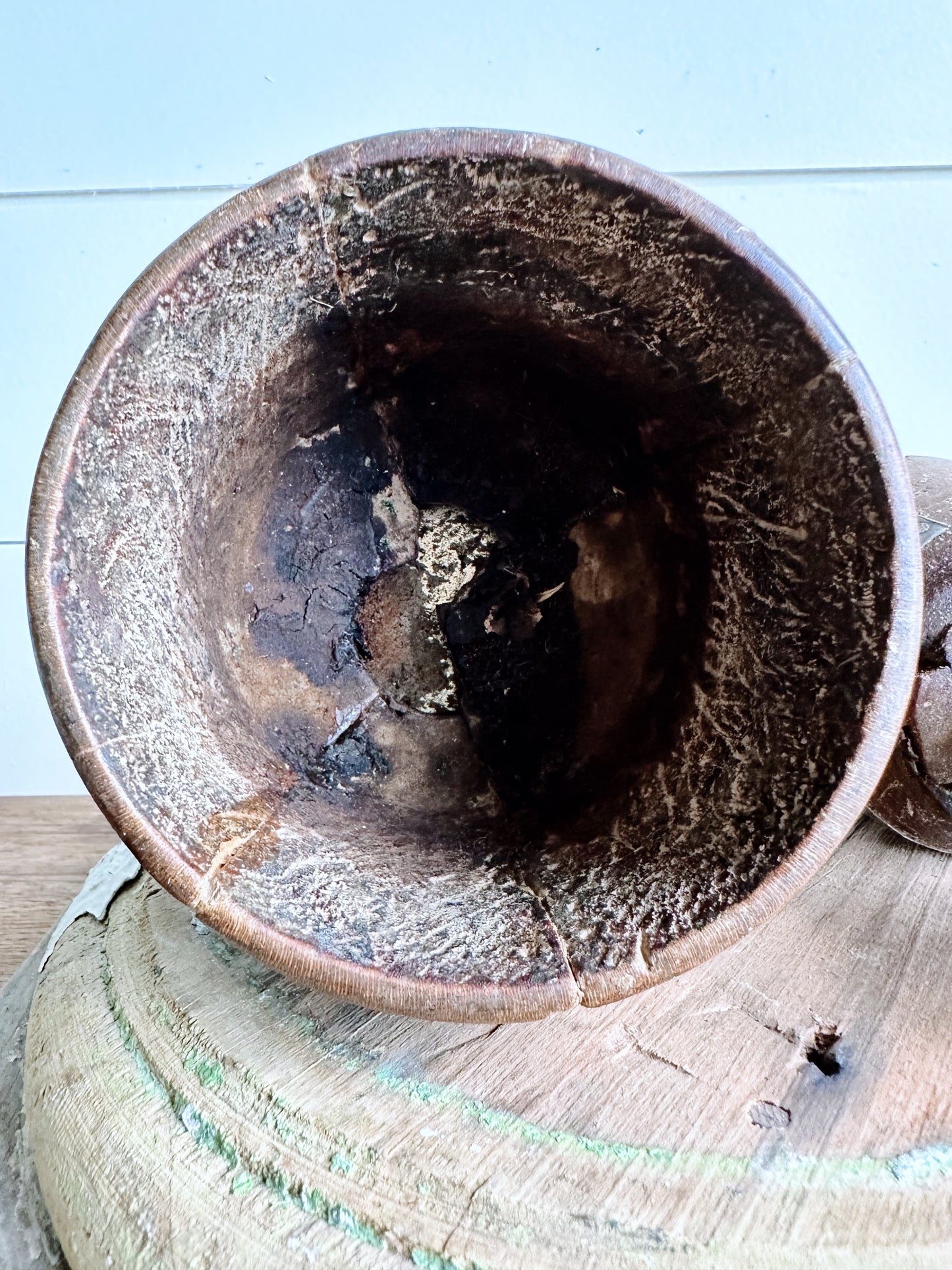 Awesome Primitive Mortar and Pestle with Metal Detail