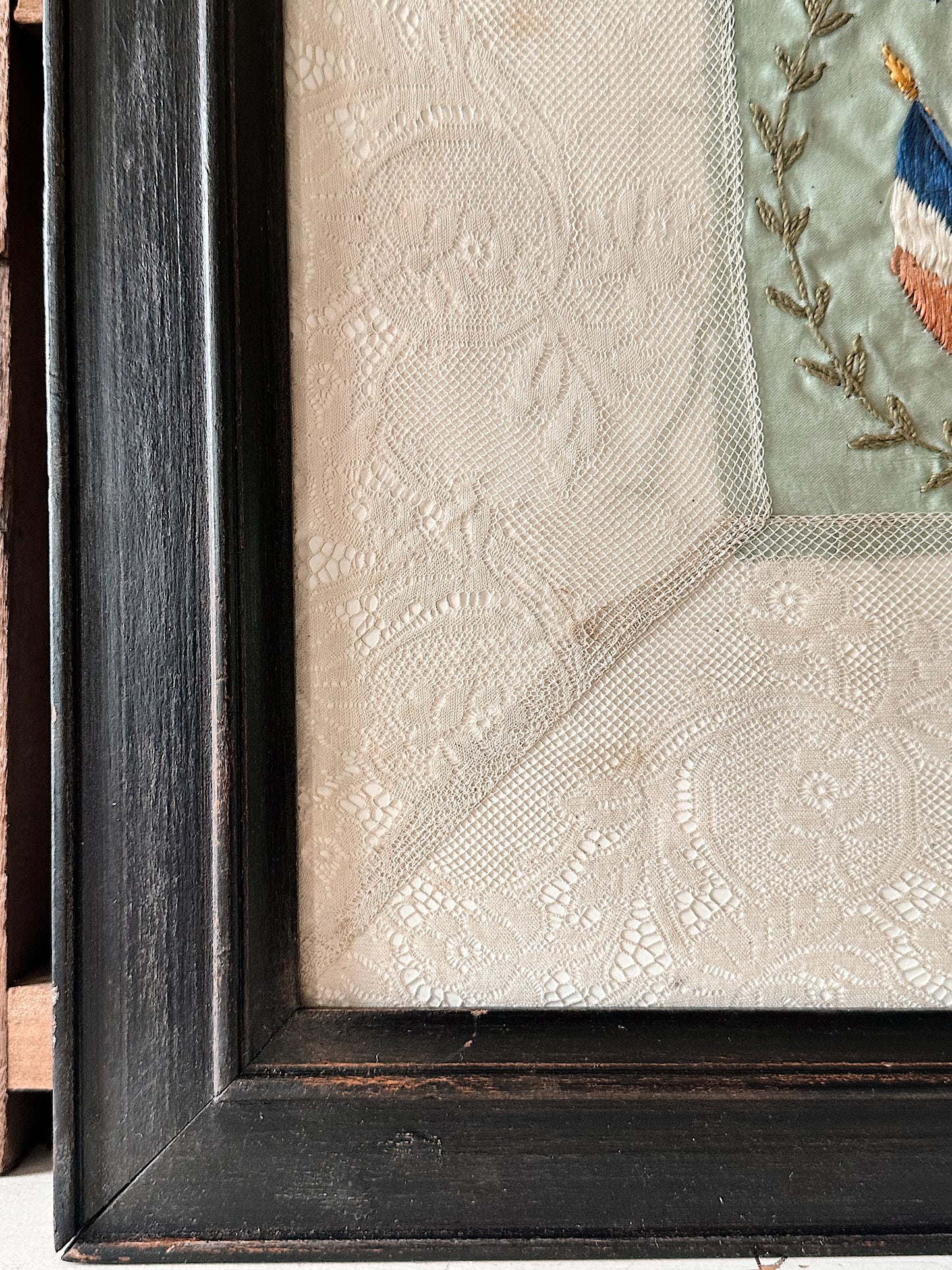 Framed WW1 Antique French Silk & Lace Embroidery Piece