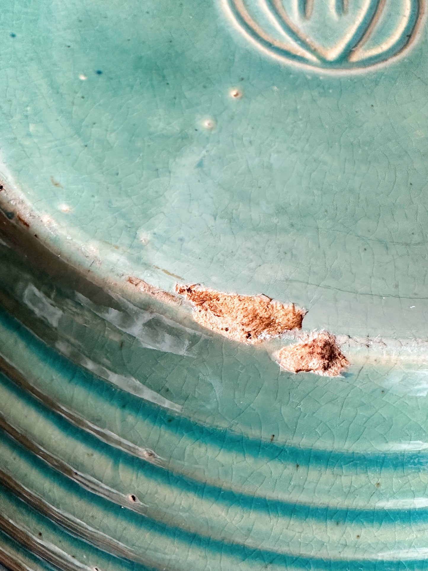 Big Beautiful Vintage Green Ribbed Stoneware Bowl
