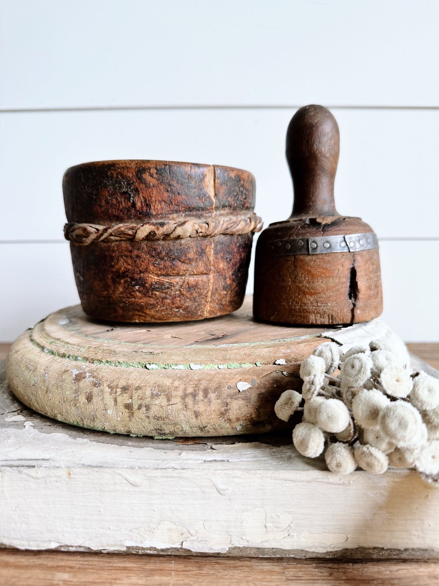 Awesome Primitive Mortar and Pestle with Metal Detail