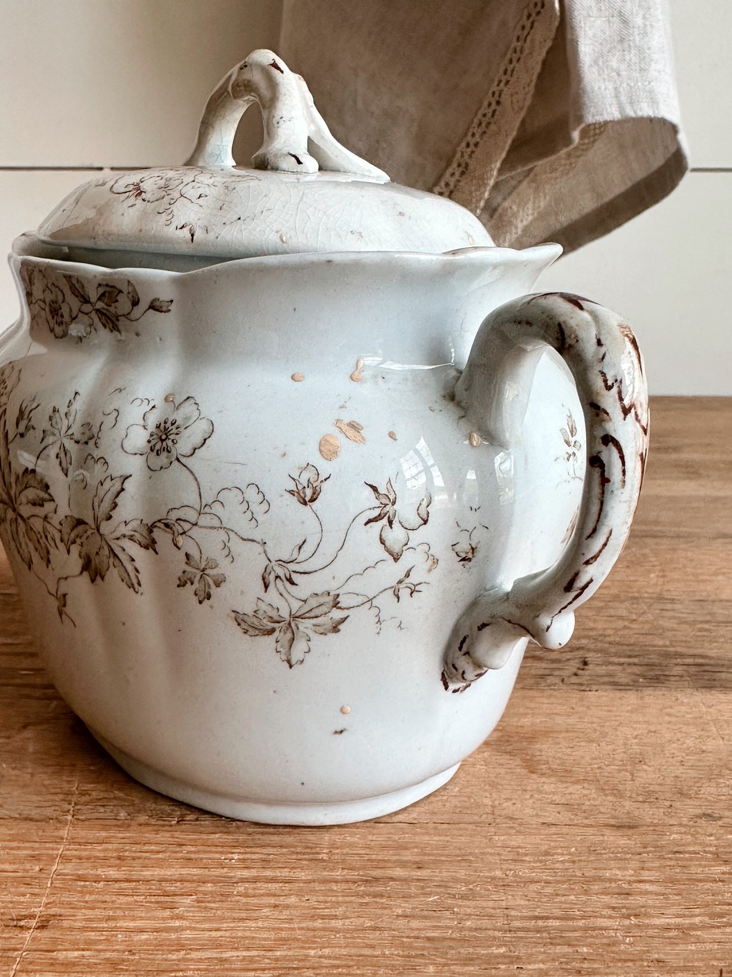 Antique WH Pearl & Co Ironstone Sugar Bowl