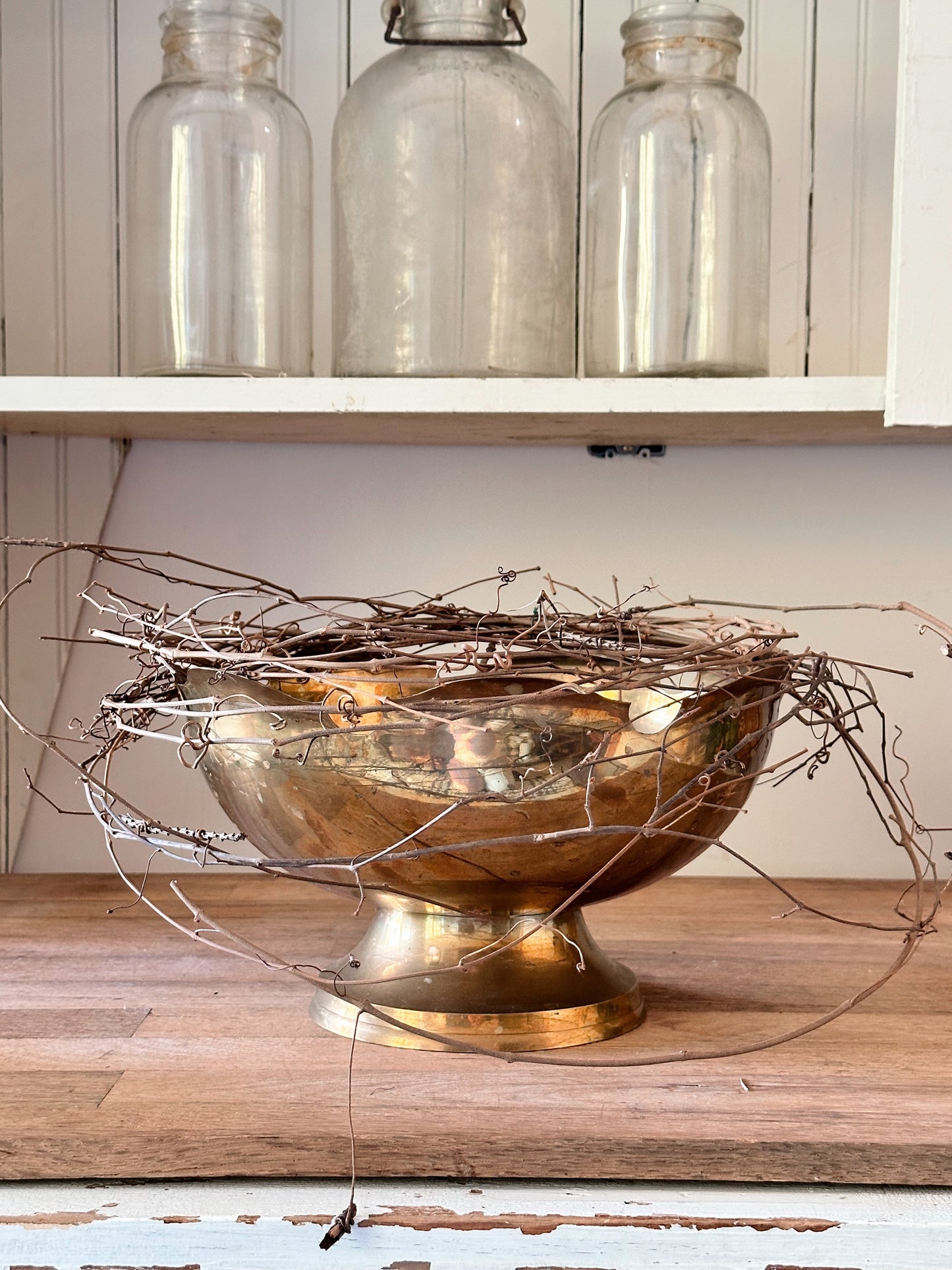 Vintage Brass Pedestal Bowl with Scalloped Edge