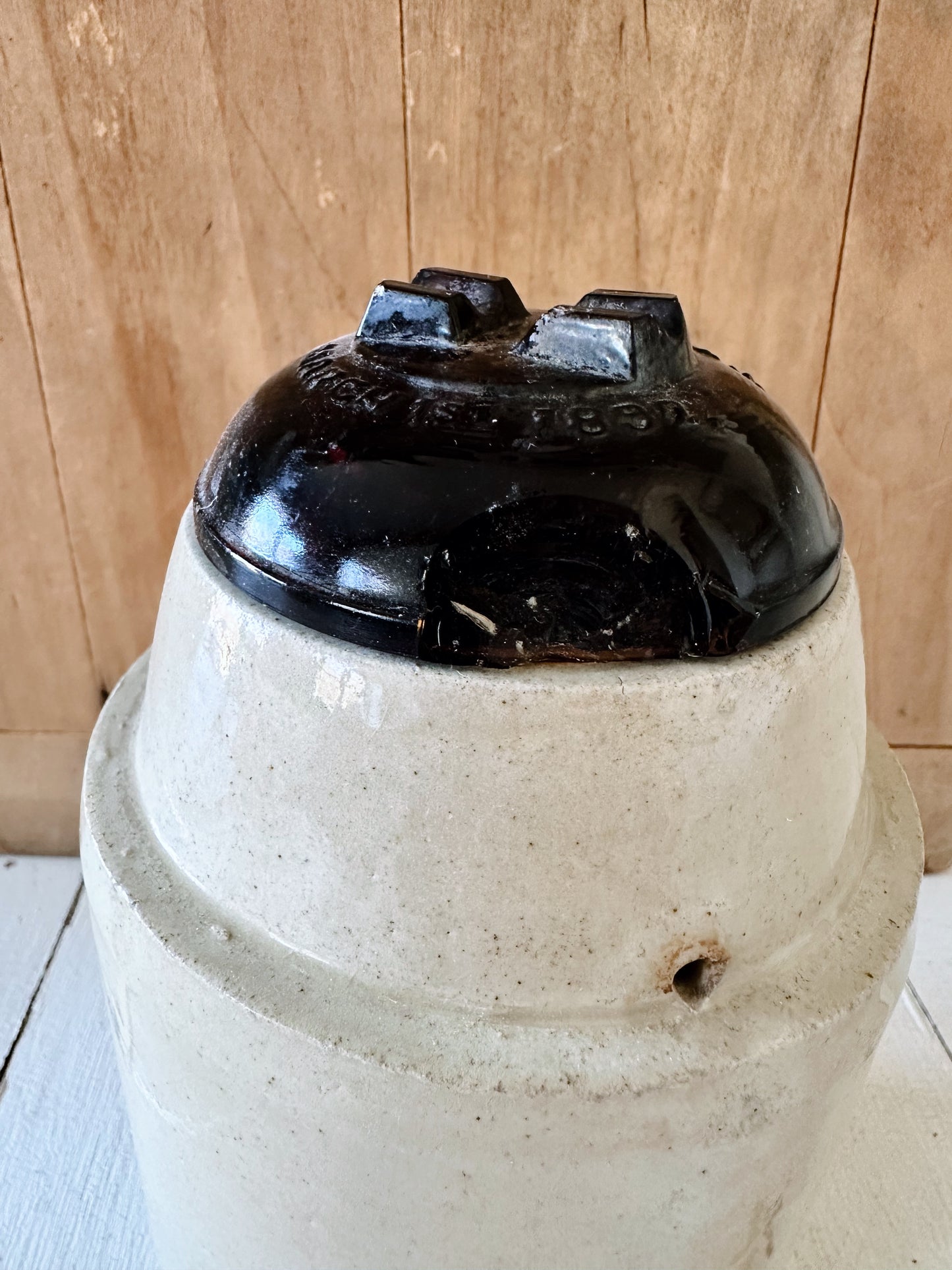 Antique Canning Crock with Amber Glass Lid