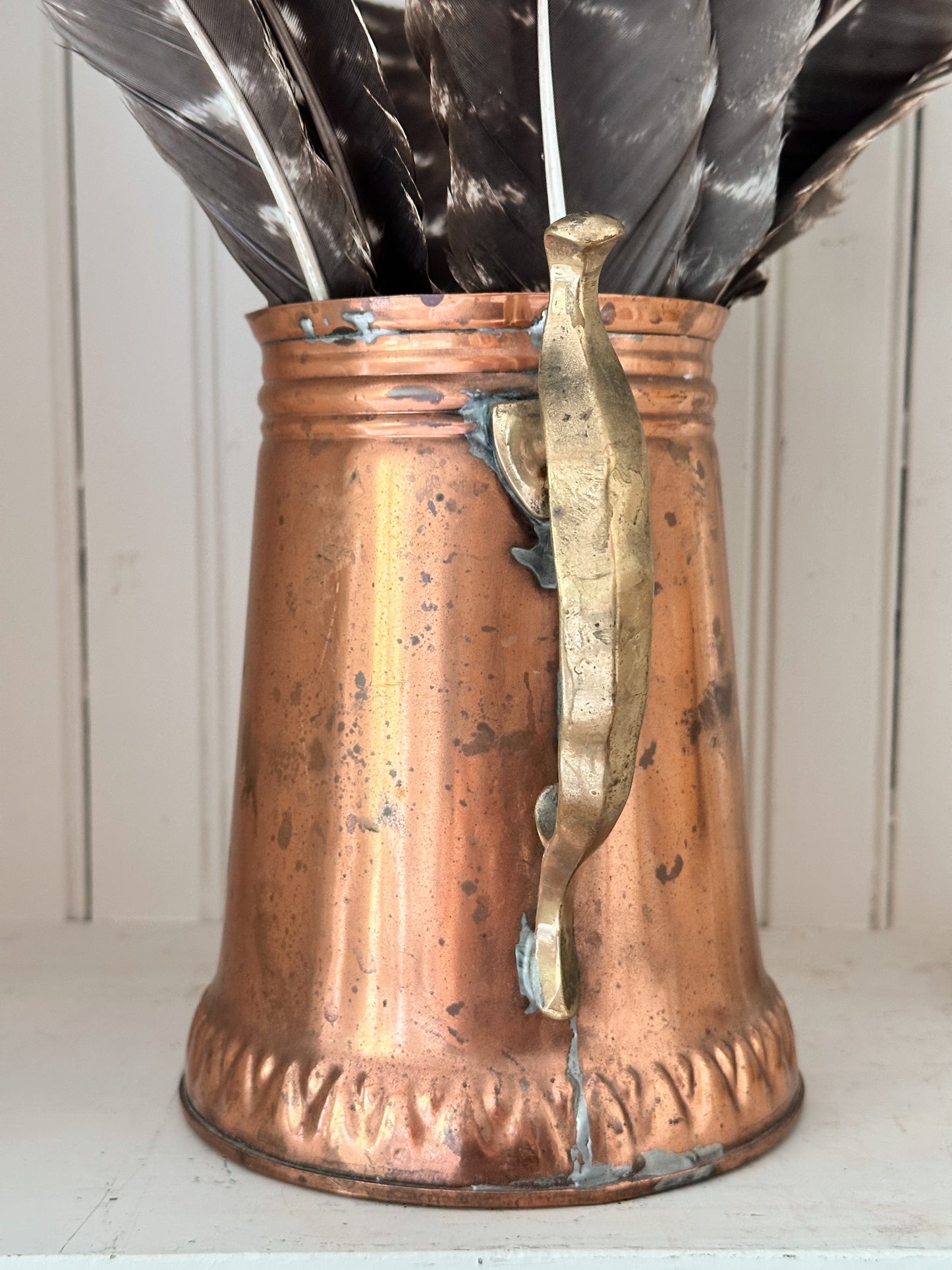 Vintage Copper Pitcher & Turkey Feathers