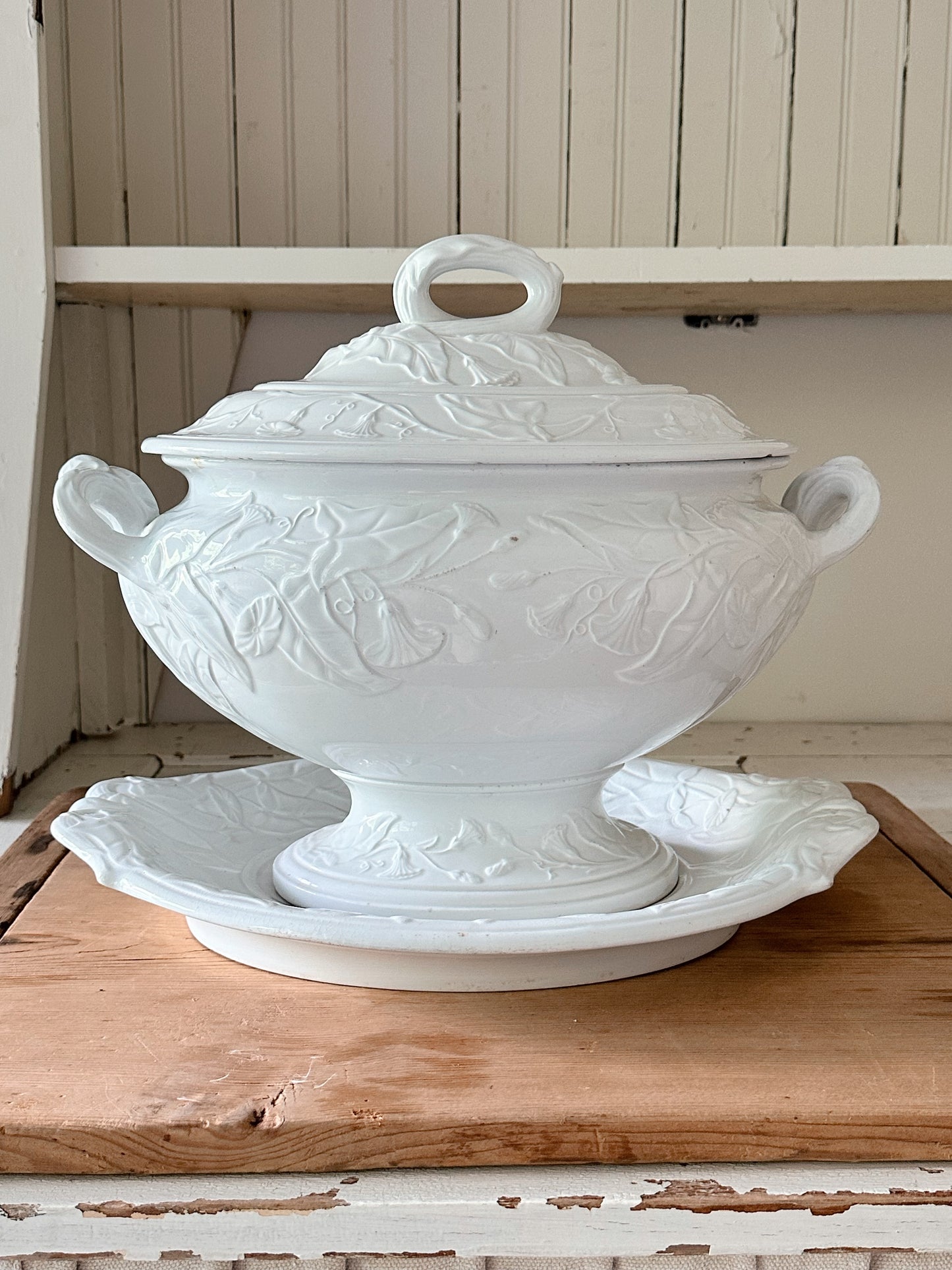 Large 1860s Antique Elsmore & Forster Three Piece Ironstone Tureen, Morning Glory Pattern