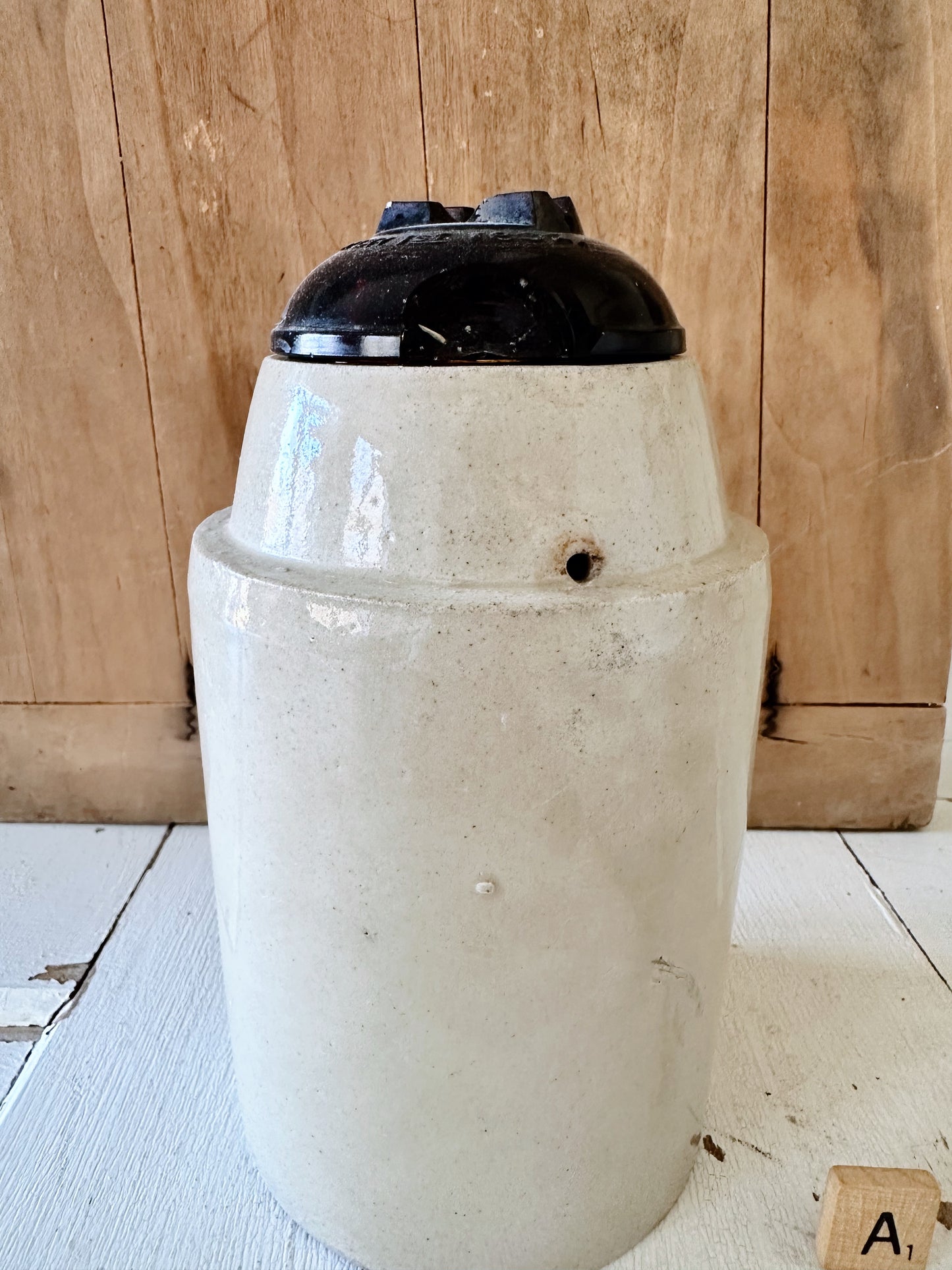 Antique Canning Crock with Amber Glass Lid