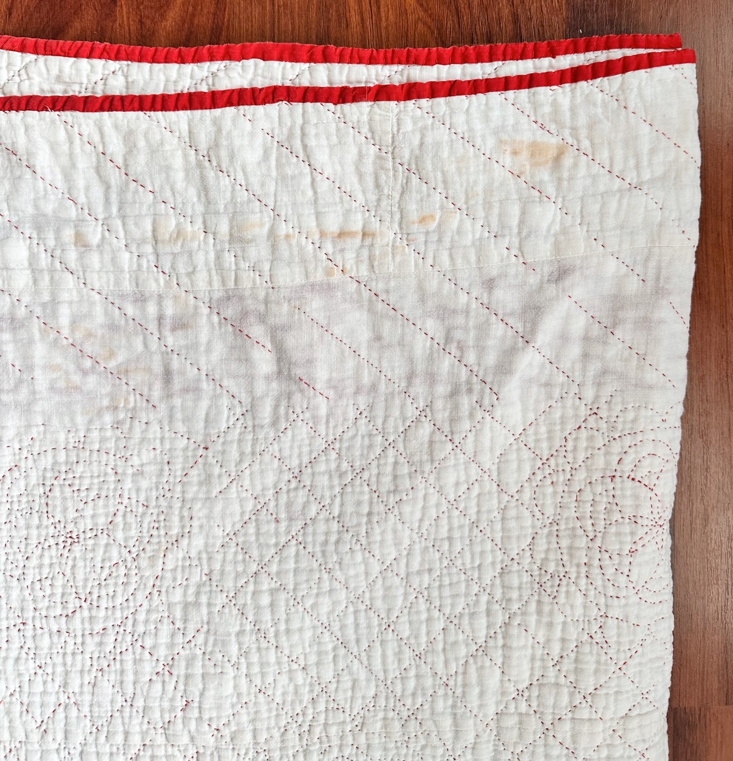 Antique Early 20th Century Redwork Embroidered Hand-Quilted Quilt