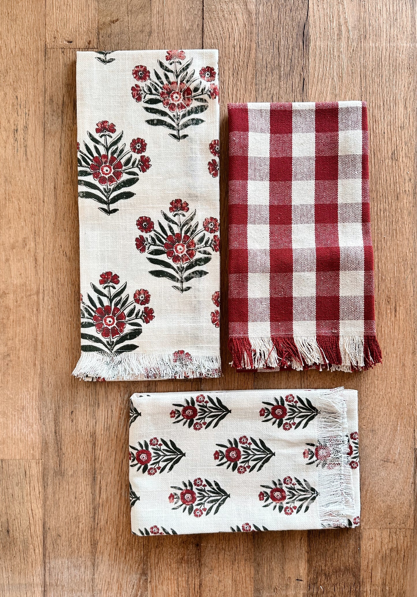 Set of Three Block Print & Gingham Tea Towels (green & red)