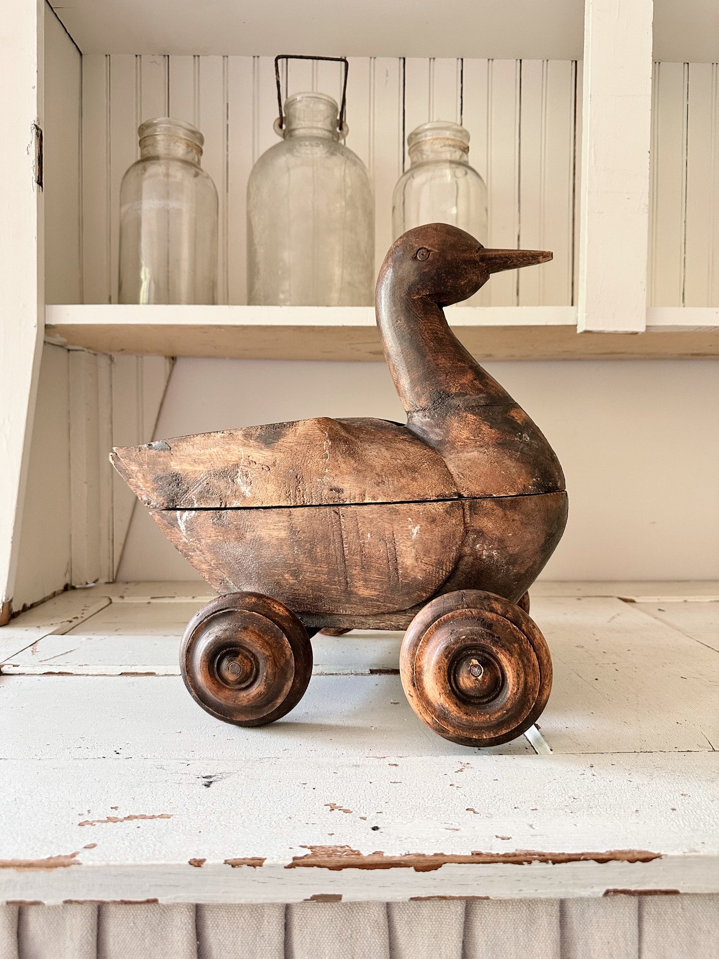 Amazing Old Carved Wood Duck on Wheels