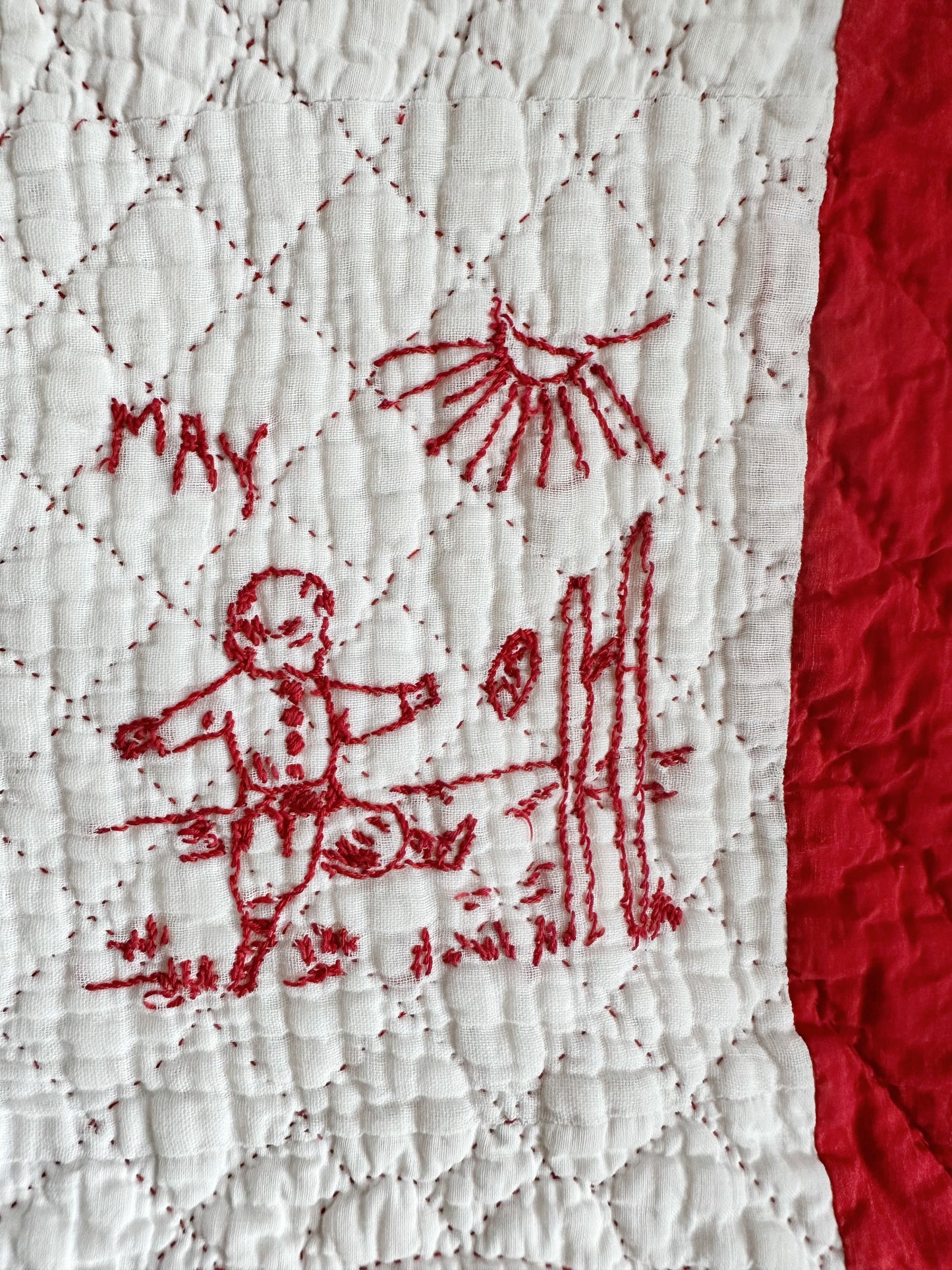 Antique Early 20th Century Redwork Embroidered Hand-Quilted Quilt