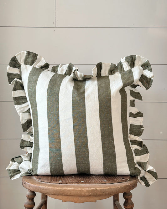 Ruffled Deep Moss Stripe Pillow Cover
