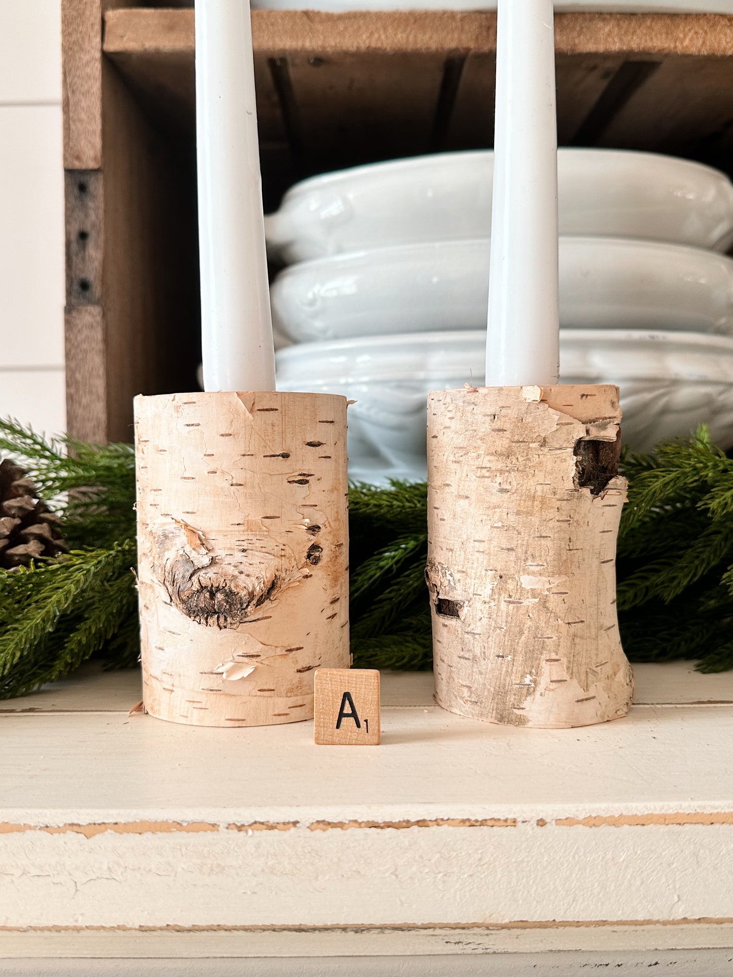 Pair of Handmade Birch Limb Candle Holders