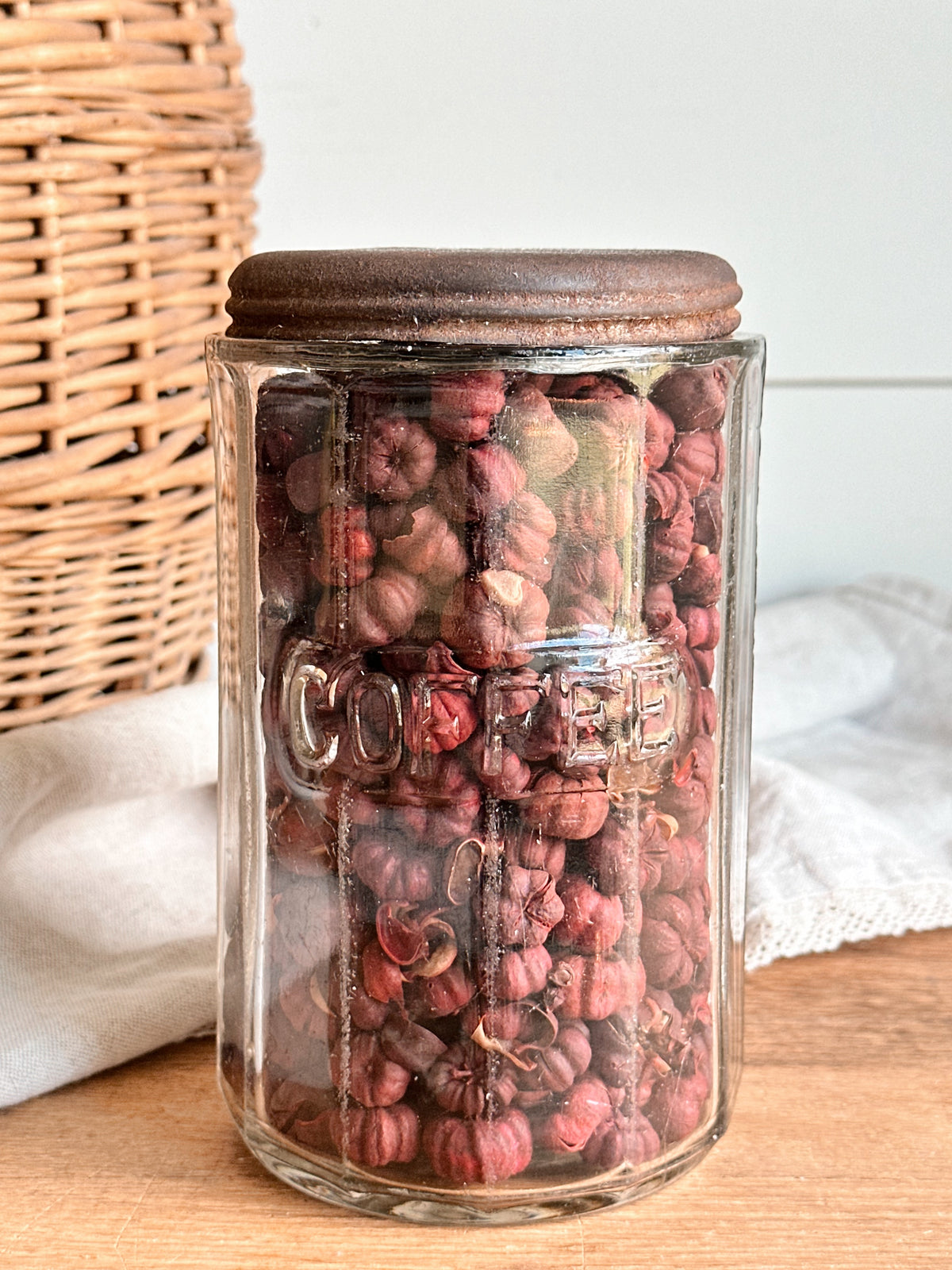 Antique Coffee Canister Filled with Dried Putka Pods